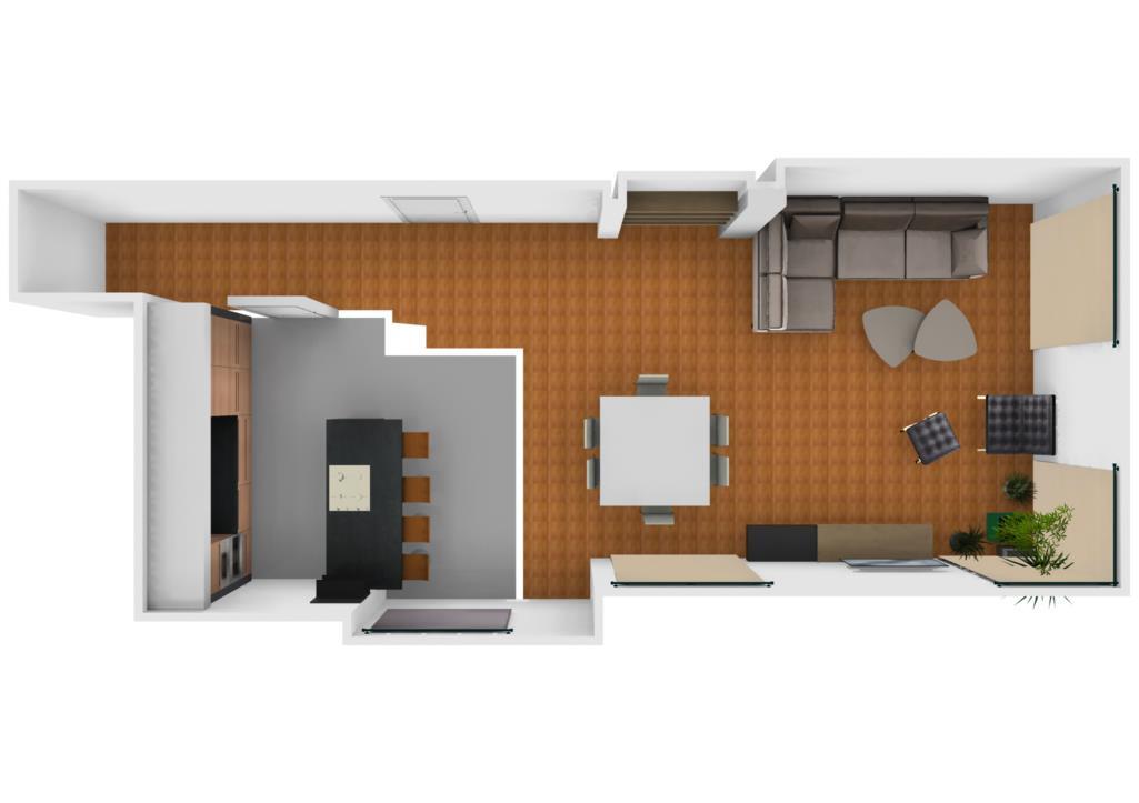 Planta 3D de la cuina, menjador i sala d'estar