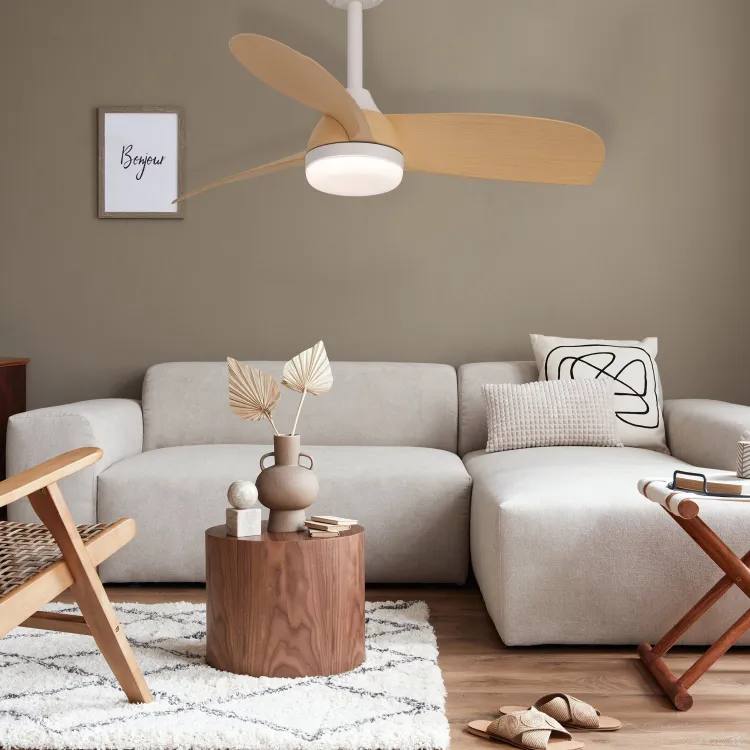 VENTILADOR LED 3 PALAS DC BLANCO + MADERA CLARA 91 cm 7027
